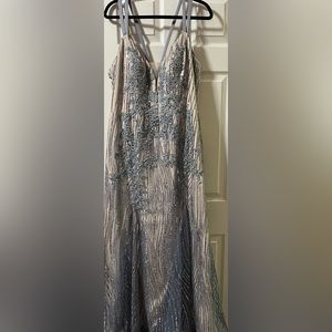 Camille La Vie Blue Grey Embellished Sequin Maxi Formal dress - plunge neck 16W